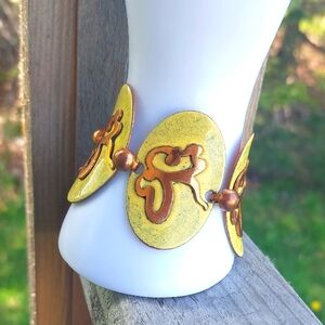 Vintage Yellow Enamel On Copper Panel Bracelet